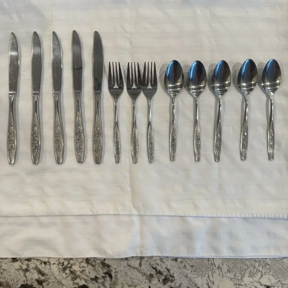 Ekco Eterna Rose Cotillion Stainless Flatware Knife Fork Spoon 13 Pc Vintage